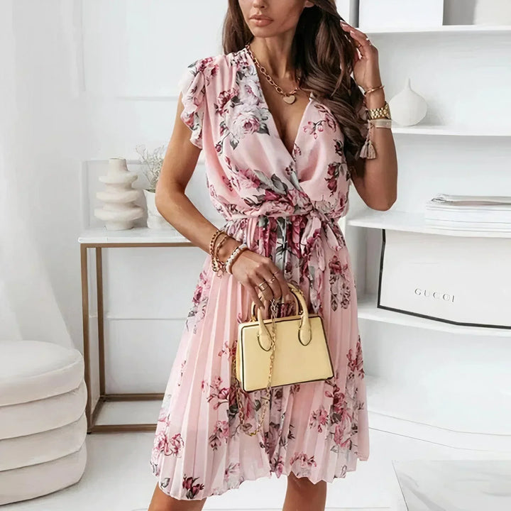 Vestito Midi Floreale da Donna - Scollo a V, Maniche con Balze, Modello Incrociato Plissettato