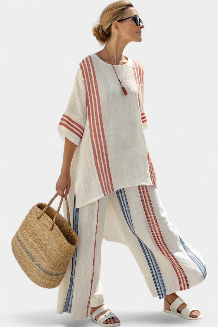Solvane | Blusa sofisticada listrada multicolorida e calça mediterrânea