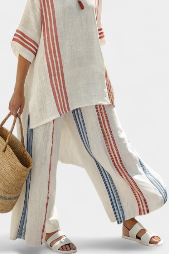 Solvane | Blusa sofisticada listrada multicolorida e calça mediterrânea