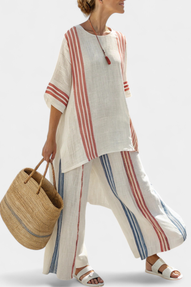 Solvane | Blusa sofisticada listrada multicolorida e calça mediterrânea