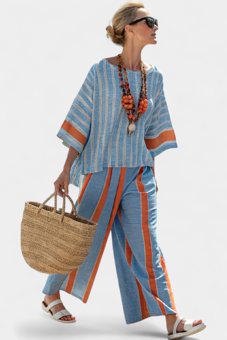 Velmere | Blusa sofisticada terracota listrada e calça de linho