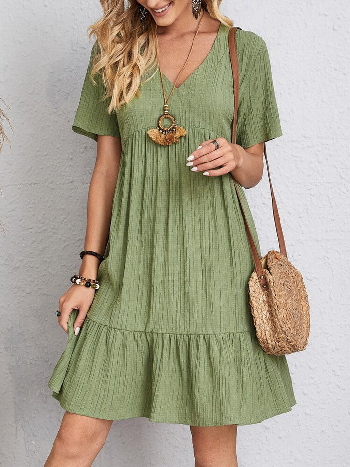 Women’s Relaxed V-Neck Short Sleeve Dress with Ruffle Hem