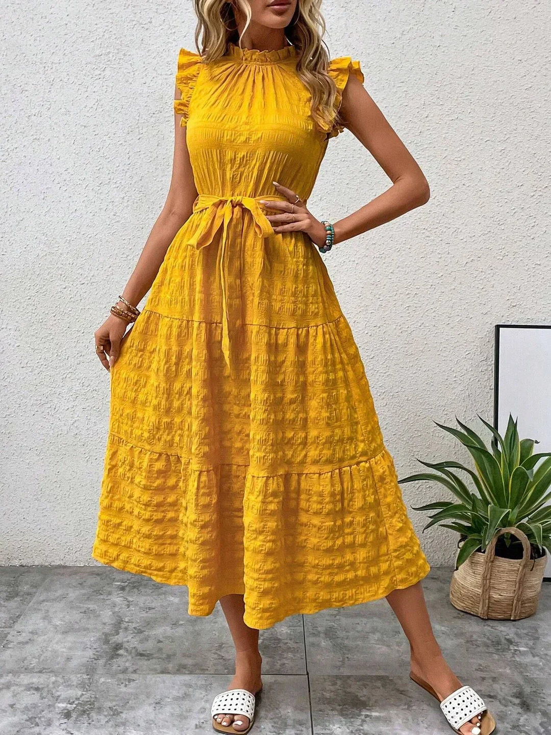 Women’s Sleeveless Midi Dress with Ruffle Details and Waist Tie