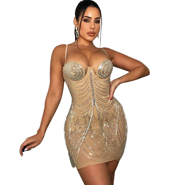 Celeste | Mini Vestido de Malla con Adornos de Diamantes de Imitación – Glamour Brillante para Noches Inolvidables