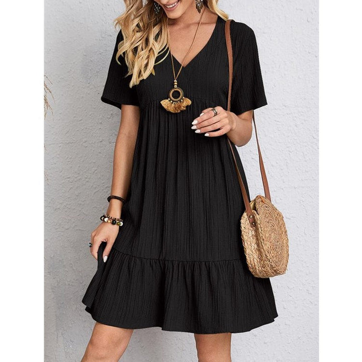 Women’s Relaxed V-Neck Short Sleeve Dress with Ruffle Hem