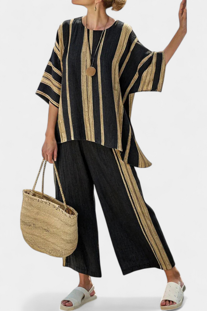 Calden | Blusa Listrada Oversized Confortável & Calça Relaxada de Linho