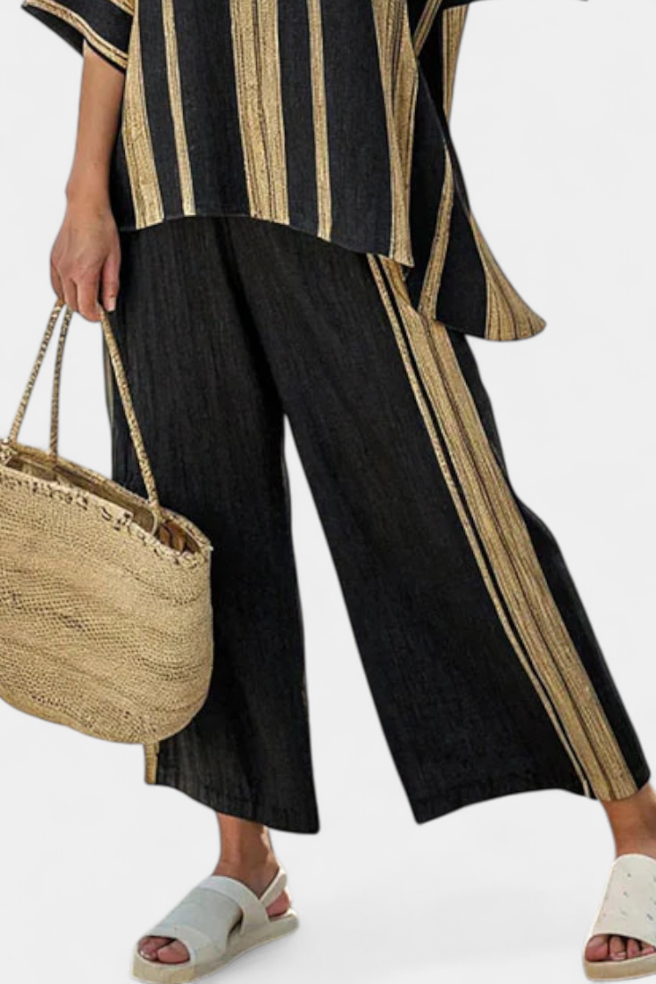 Calden | Blusa Listrada Oversized Confortável & Calça Relaxada de Linho