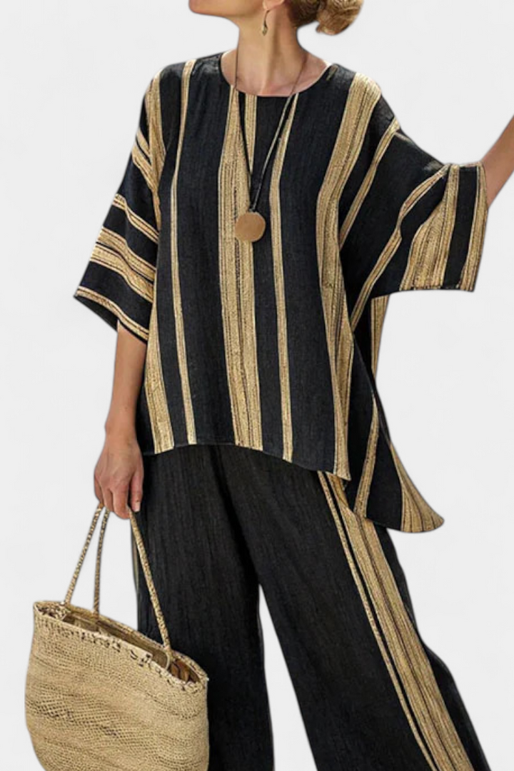 Calden | Blusa Listrada Oversized Confortável & Calça Relaxada de Linho