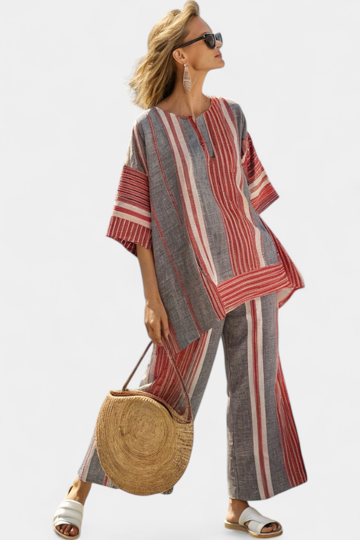 Bravine | Blusa elegante de linho coral e cinza e calça de perna larga
