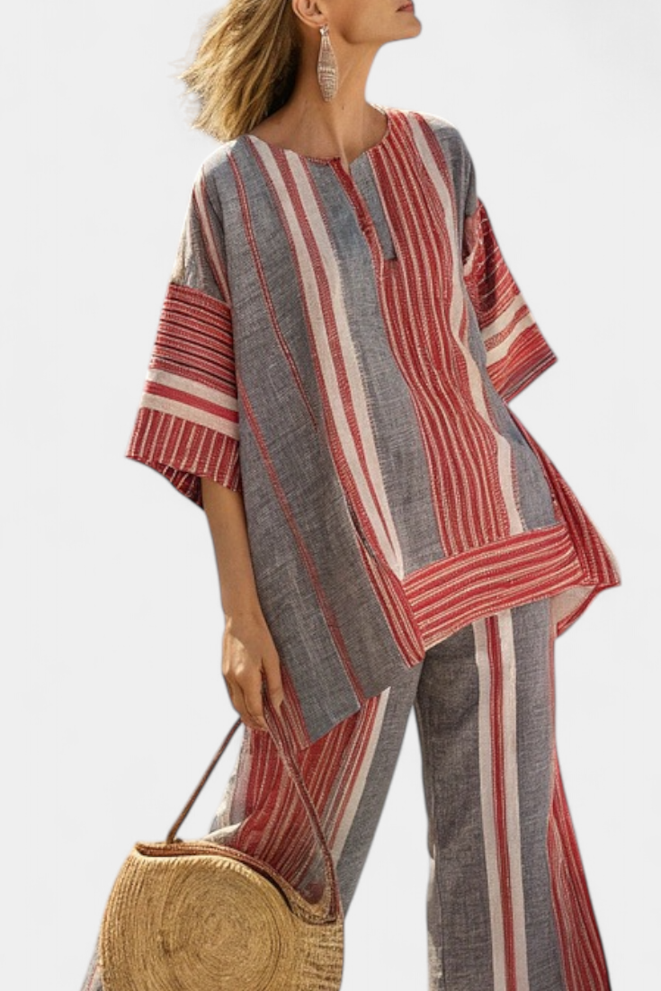 Bravine | Blusa elegante de linho coral e cinza e calça de perna larga