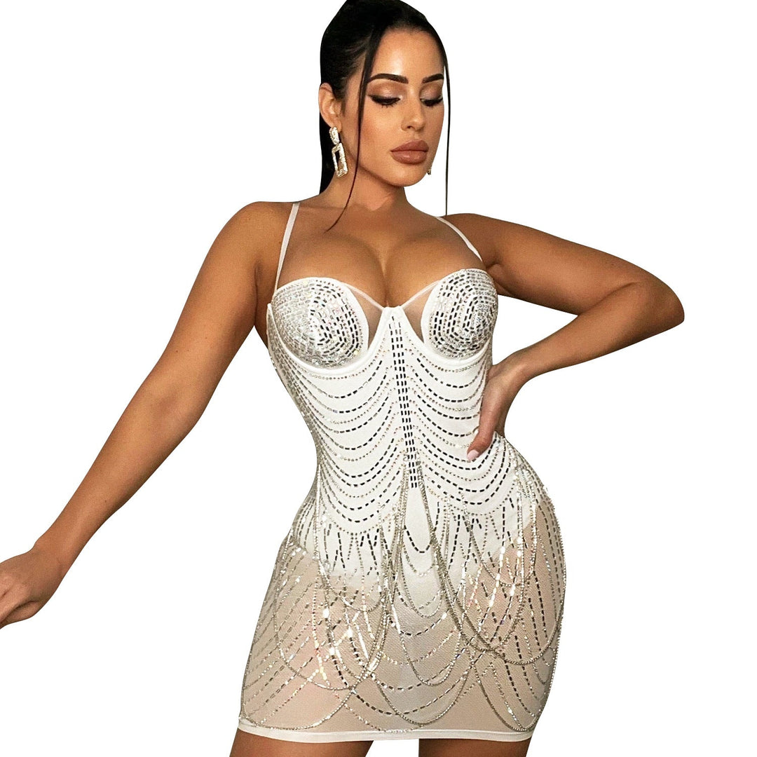 Celeste | Mini Vestido de Malla con Adornos de Diamantes de Imitación – Glamour Brillante para Noches Inolvidables