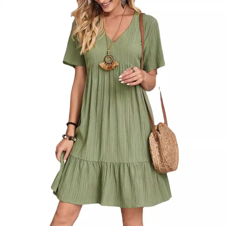 Women’s Relaxed V-Neck Short Sleeve Dress with Ruffle Hem