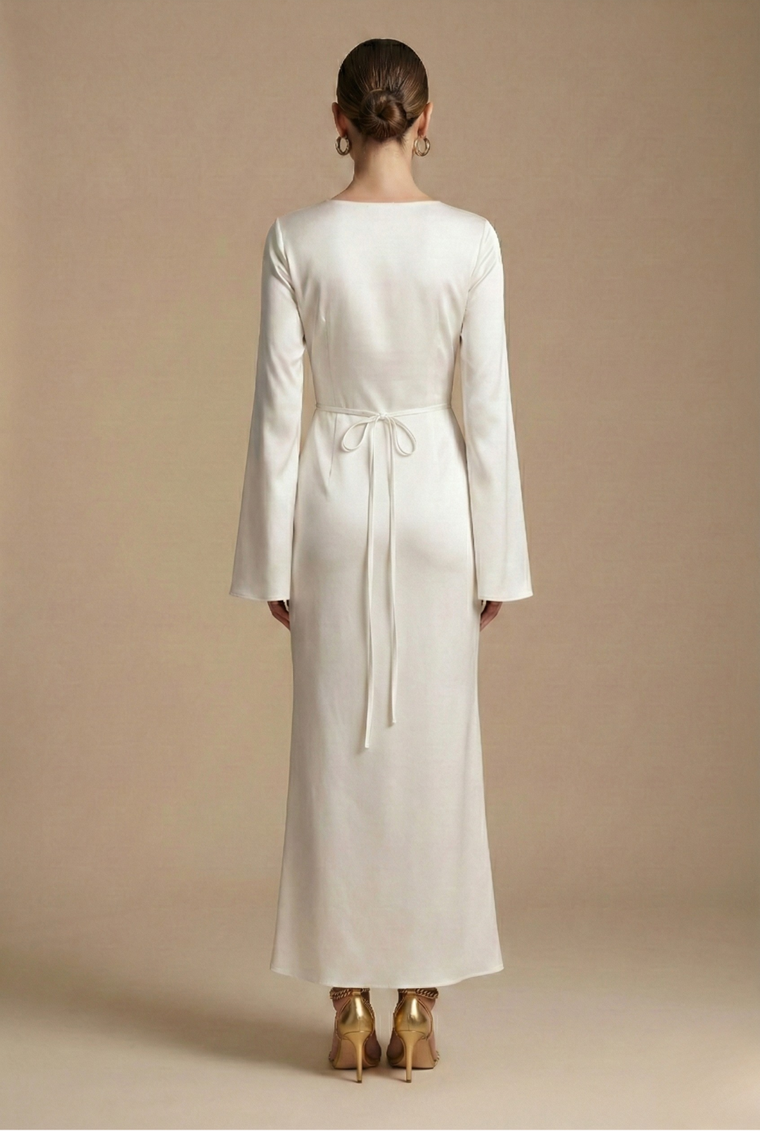 Maxivestido para mujer - Cuello barco - Manga acampanada - Lazos en la espalda