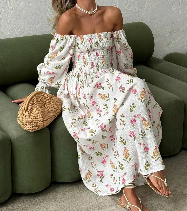 Vestido longo feminino ombro a ombro com estampa floral