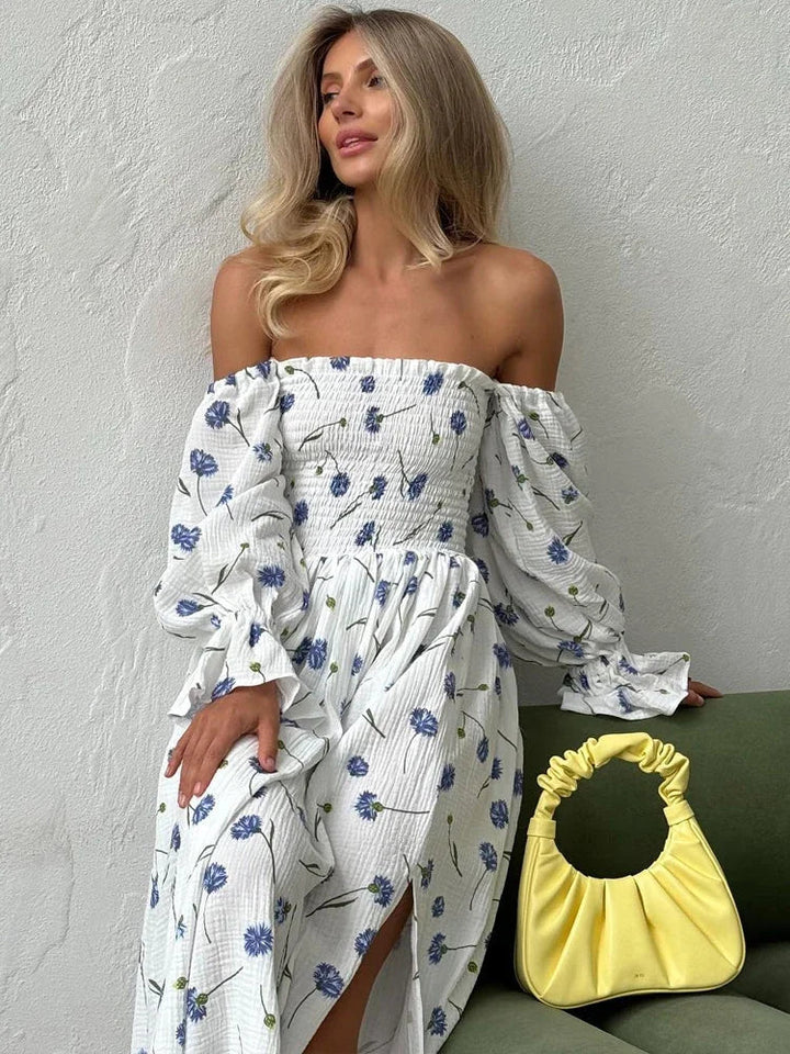 Vestido longo feminino ombro a ombro com estampa floral