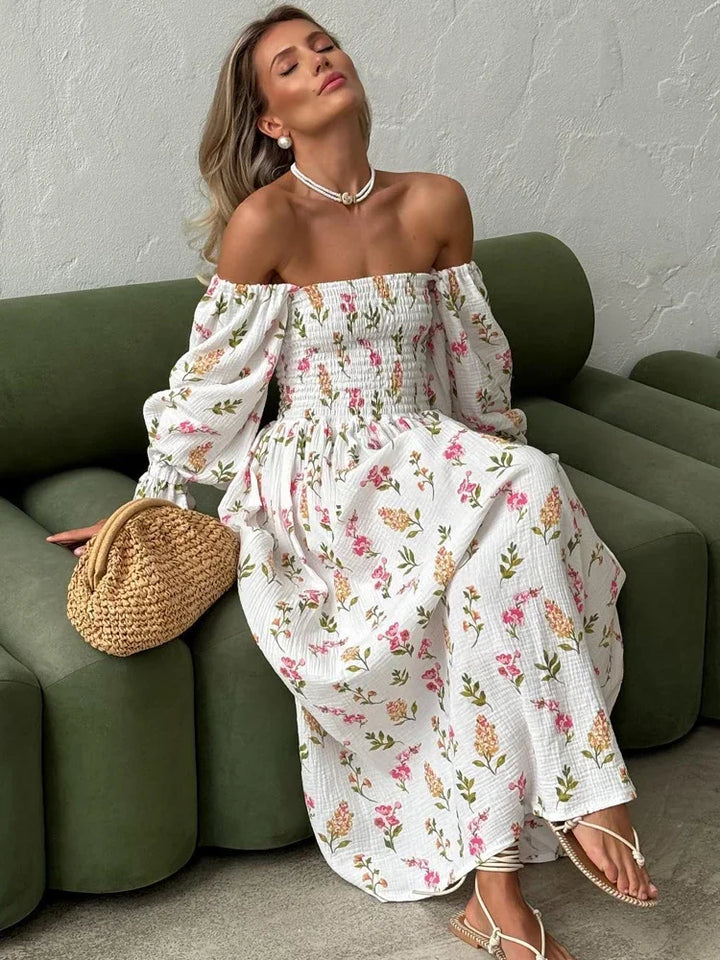 Vestido longo feminino ombro a ombro com estampa floral