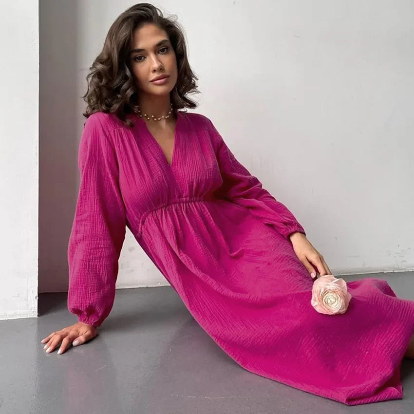 Vestido midi feminino elegante com mangas longas
