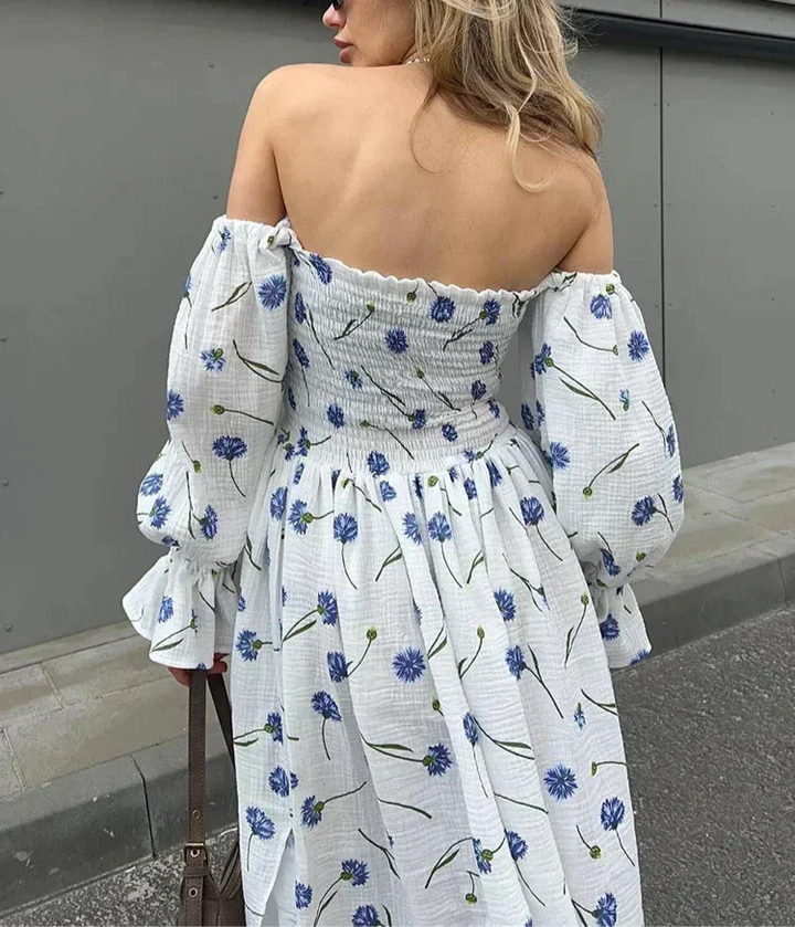 Vestido longo feminino ombro a ombro com estampa floral