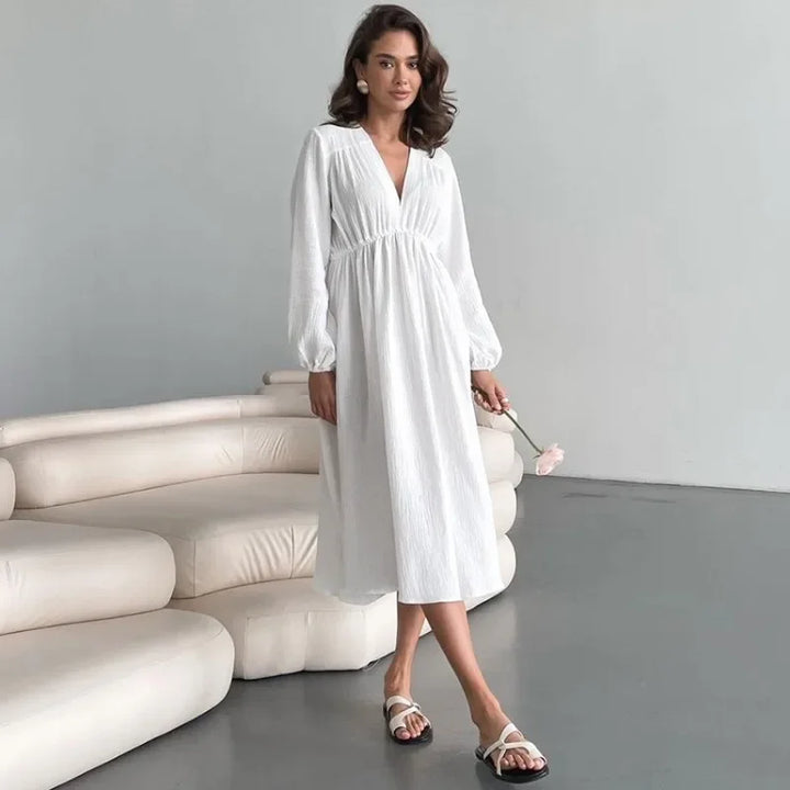 Vestido midi feminino elegante com mangas longas