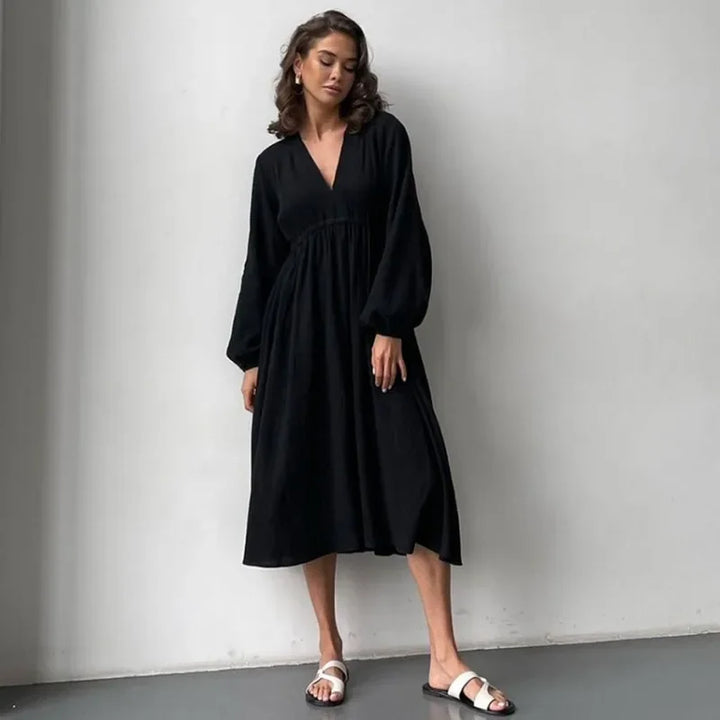 Vestido midi feminino elegante com mangas longas
