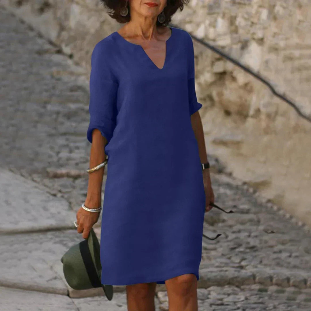 Women’s Elegant V-Neck Knee-Length Dress with 3/4 Sleeves