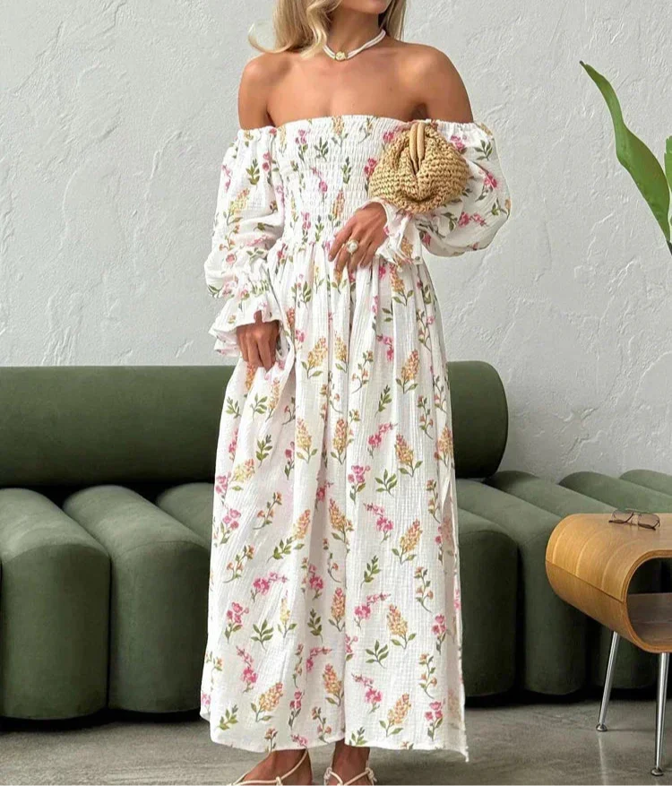 Vestido longo feminino ombro a ombro com estampa floral