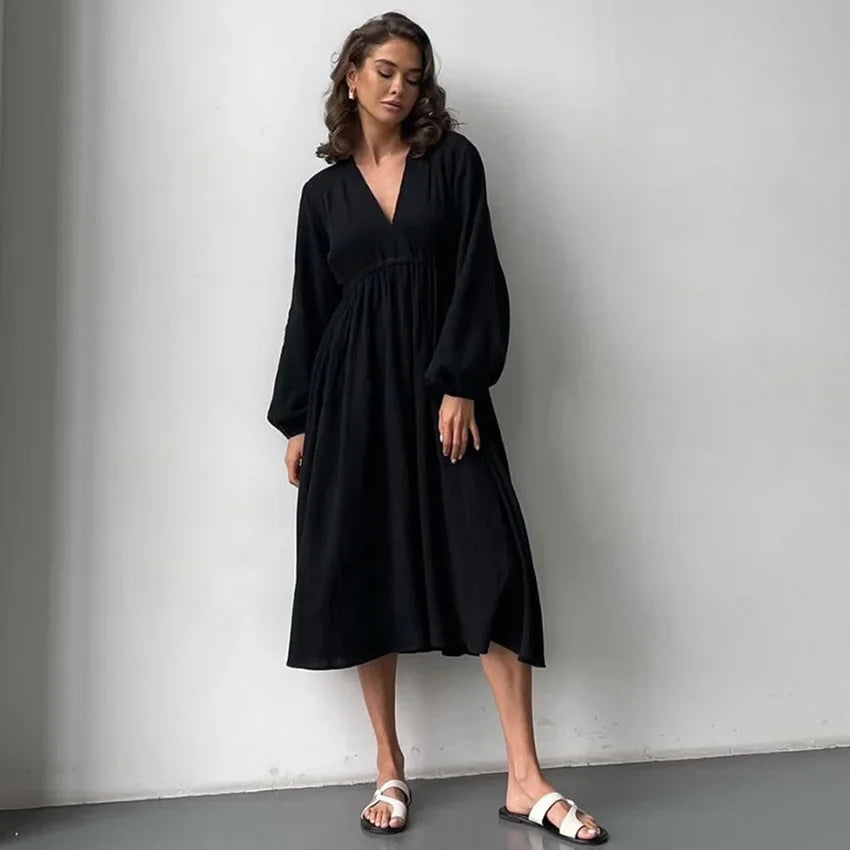 Vestido midi feminino elegante com mangas longas