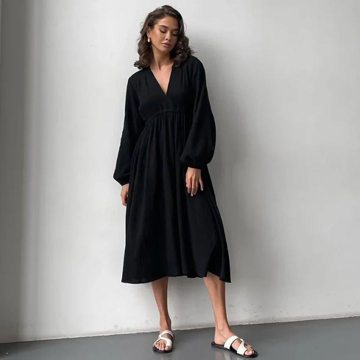Vestido midi feminino elegante com mangas longas