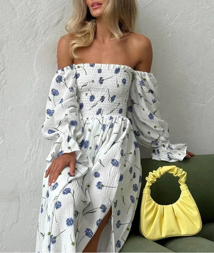 Vestido longo feminino ombro a ombro com estampa floral