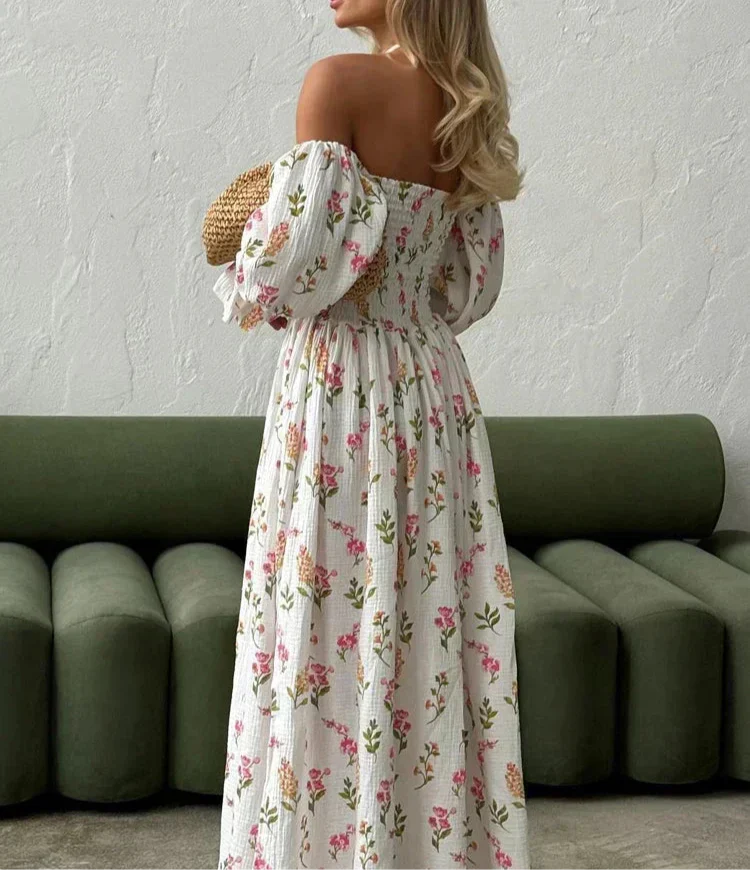 Vestido longo feminino ombro a ombro com estampa floral