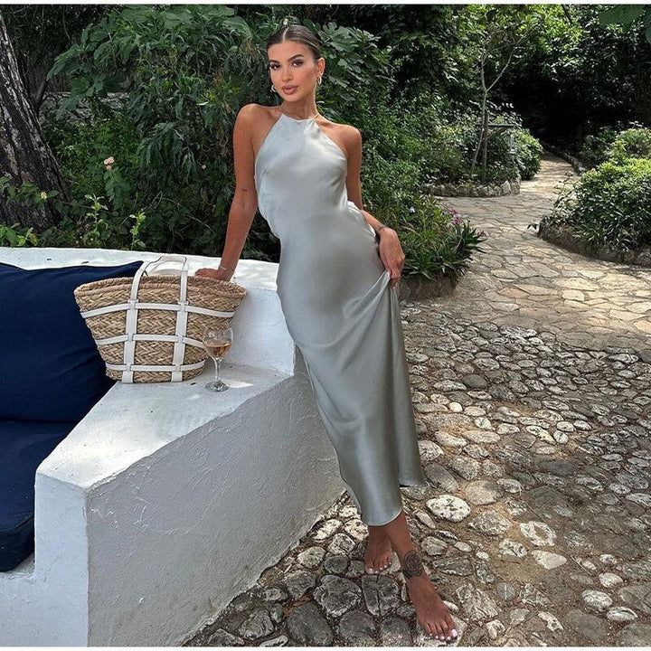 Elegancka satynowa sukienka maxi z wiązaniem na szyi dla kobiet