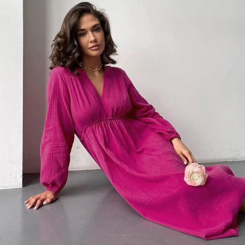 Vestido midi feminino elegante com mangas longas