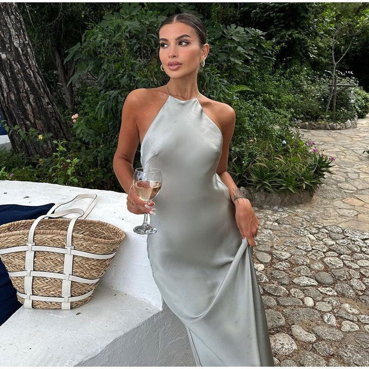 Elegancka satynowa sukienka maxi z wiązaniem na szyi dla kobiet