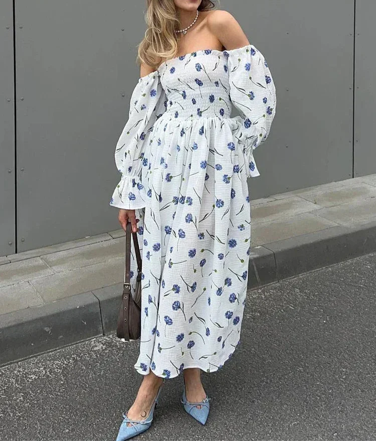 Vestido longo feminino ombro a ombro com estampa floral