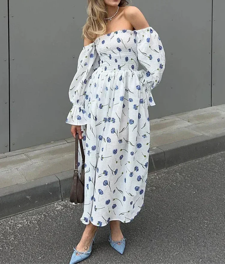 Vestido longo feminino ombro a ombro com estampa floral