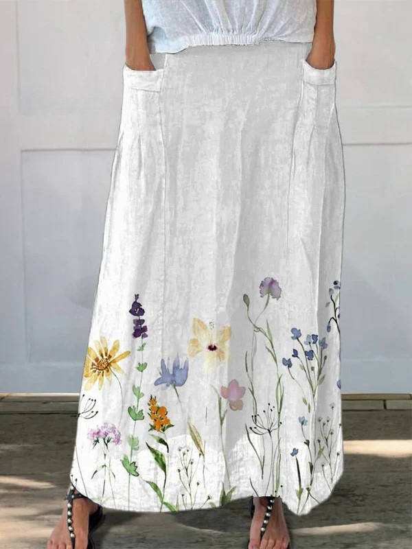 Jupe femme en lin à taille élastique et poches avec imprimé aquarelle de prairies printanières