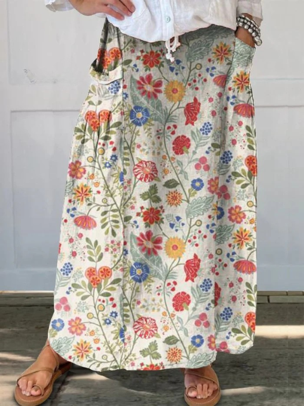 Jupe femme en lin à imprimé floral avec taille élastique et poches