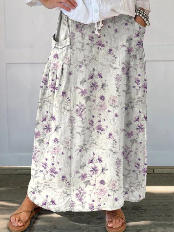 Damen Vintage Blumen Kunst Leinen Rock mit elastischem Bund und Taschen