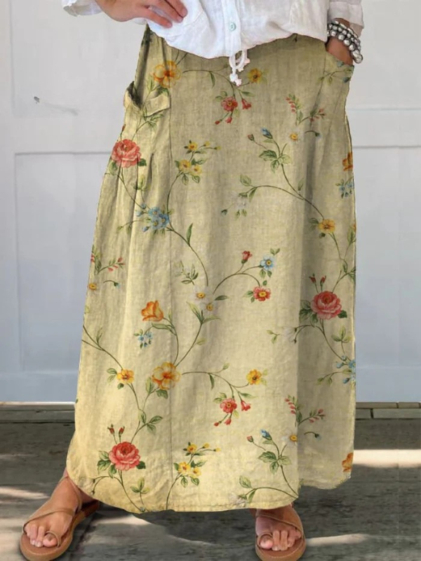 Jupe en lin à poches pour femme avec taille élastique et imprimé floral rétro élégant