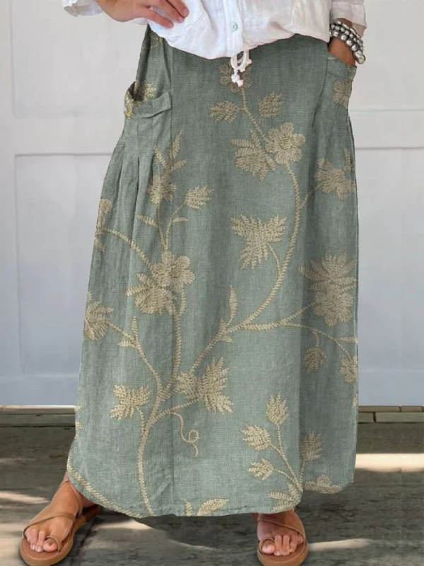 Jupe en lin à poches pour femme avec taille élastique et imprimé floral rétro élégant