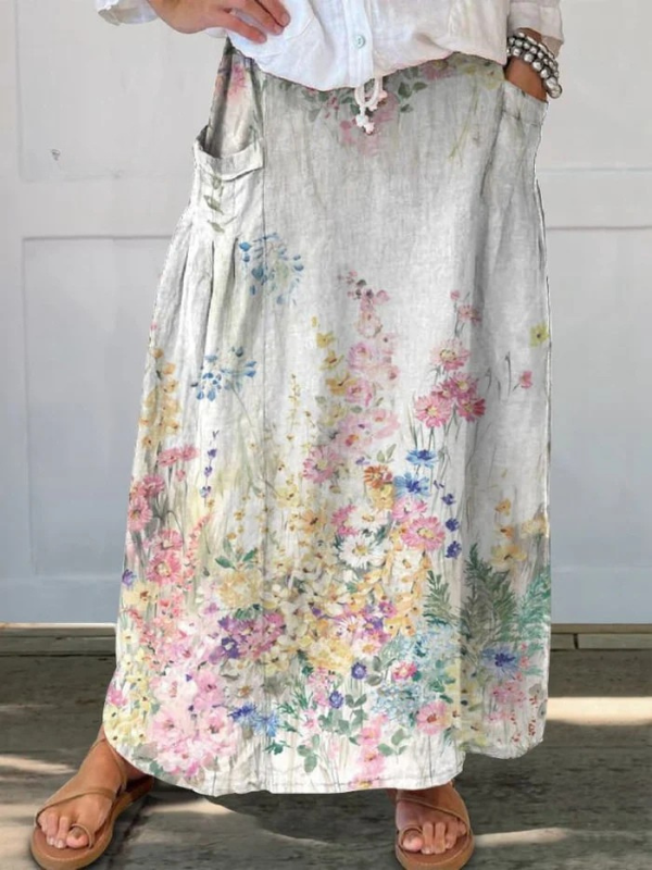 Jupe en lin à poches pour femme avec taille élastique et imprimé floral rétro élégant