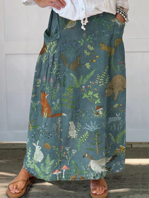 Jupe en lin à poches pour femme avec imprimé floral rétro animaux décontracté