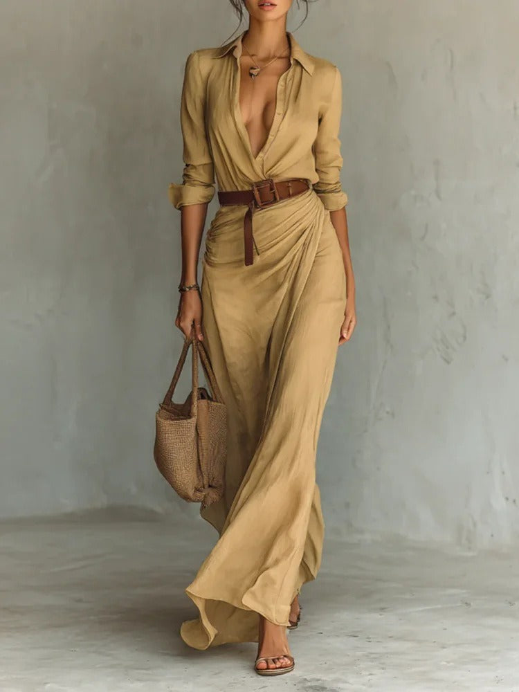Women's Suede Single-breasted Lapel Belt Maxi Dress