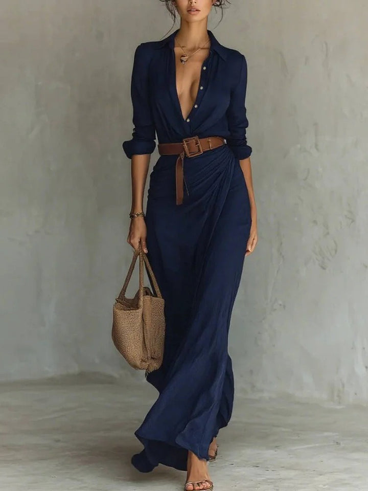 Women's Suede Single-breasted Lapel Belt Maxi Dress