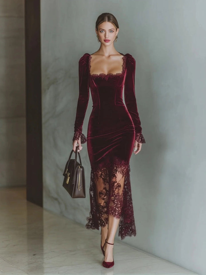 Maxi Dress with Velvet Heart-Shaped Neckline