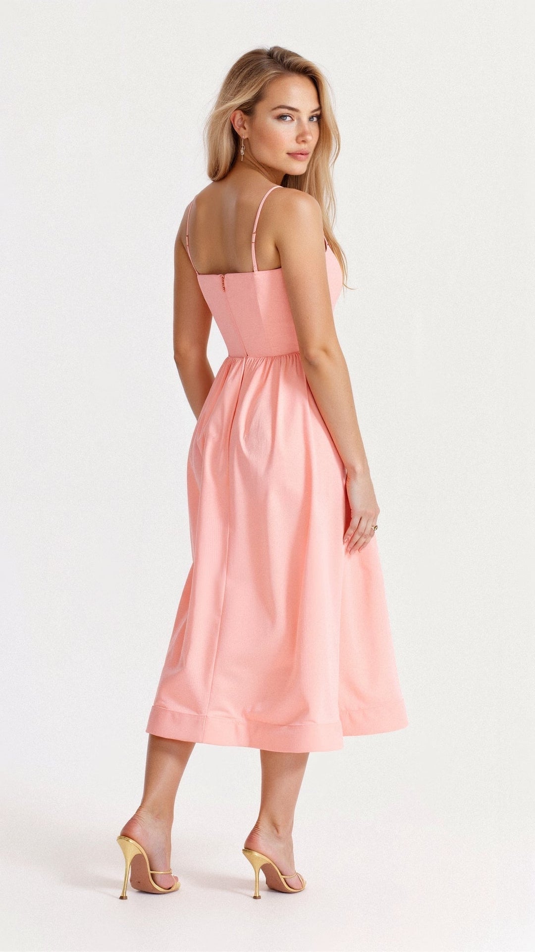 Vestido Midi Feminino - Alça Fina Decote Redondo Saia Godê Franzida