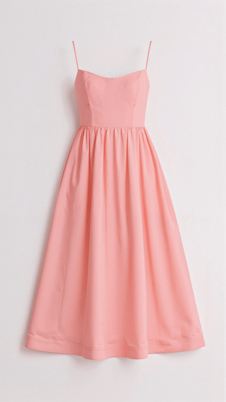 Vestido Midi Feminino - Alça Fina Decote Redondo Saia Godê Franzida