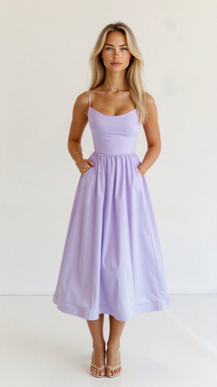 Vestido Midi Feminino - Alça Fina Decote Redondo Saia Godê Franzida