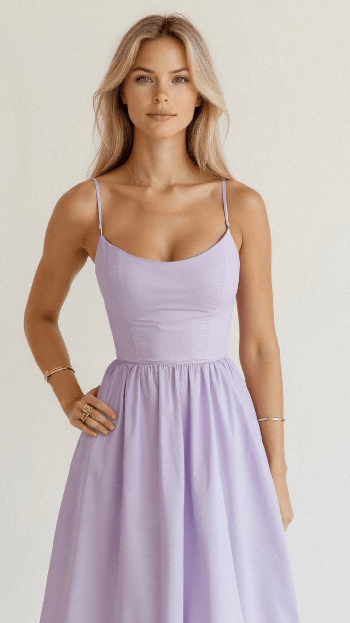 Vestido Midi Feminino - Alça Fina Decote Redondo Saia Godê Franzida