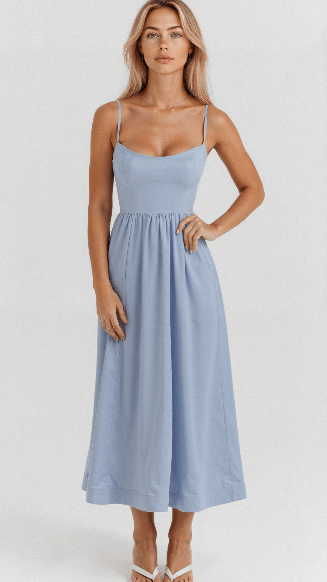 Vestido Midi Feminino - Alça Fina Decote Redondo Saia Godê Franzida
